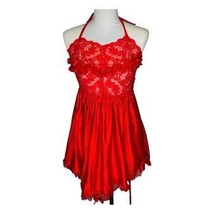 Vintage Red Lace & Satin Babydoll Slip Dress Lingerie | Vamp Glamour Valentines